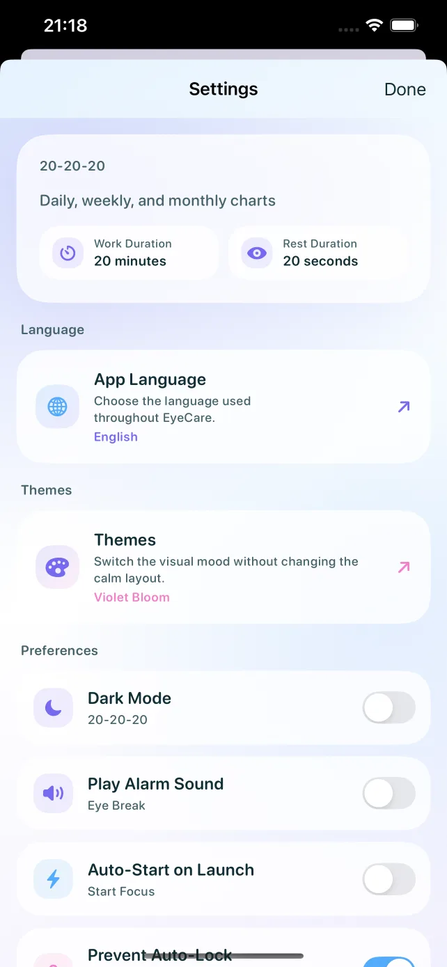 Settings and sync — EyeCare